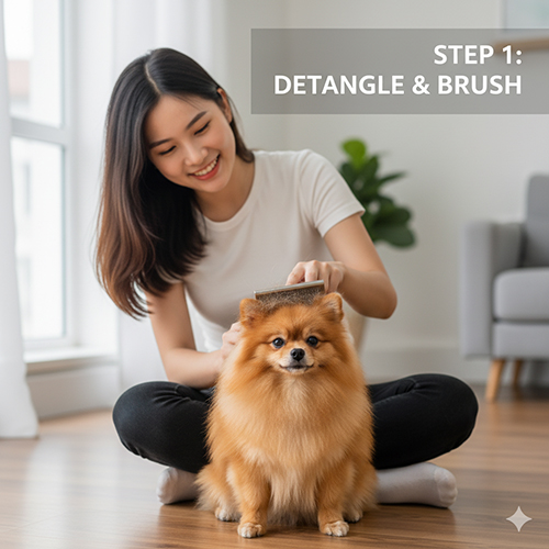 Chải lông gỡ rối cho chó Phốc Sóc bằng slicker brush trước khi cắt tỉa