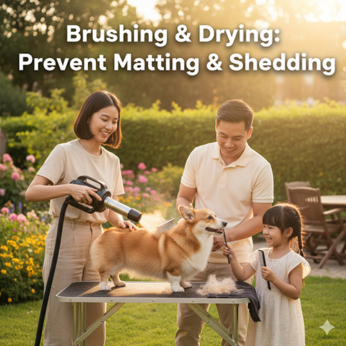 Gia đình chải và sấy lông cho chó Corgi ngoài vườn – hướng dẫn ngăn rối và giảm rụng lông