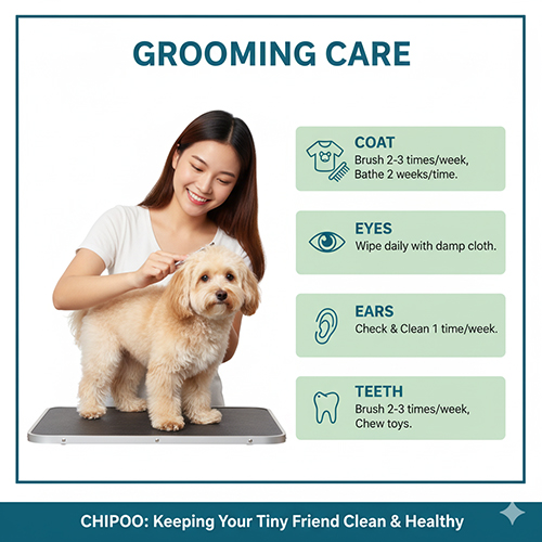 Cách chăm sóc Chipoo: chải lông 2–3 lần/tuần, tắm 2 tuần/lần, lau mắt hằng ngày, vệ sinh tai hàng tuần, đánh răng 2–3 lần/tuần