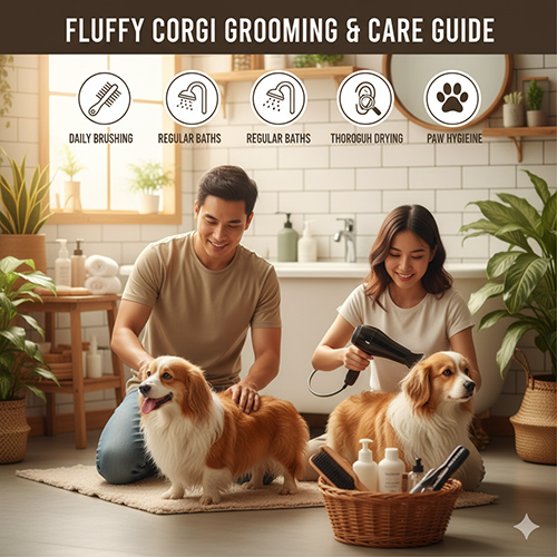 Hướng dẫn chăm sóc Fluffy Corgi – chải lông hàng ngày, tắm định kỳ, sấy khô kỹ, vệ sinh tai và kẽ chân