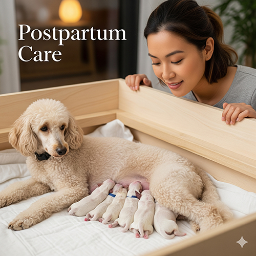 Cô gái quan sát chó mẹ Poodle trắng đang cho đàn con bú trong ổ sạch sẽ, minh họa chăm sóc sau sinh.