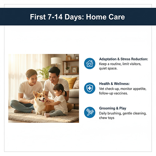 Hướng dẫn chăm sóc Corgi 7–14 ngày đầu sau khi về nhà – thích nghi, kiểm tra sức khỏe, grooming nhẹ