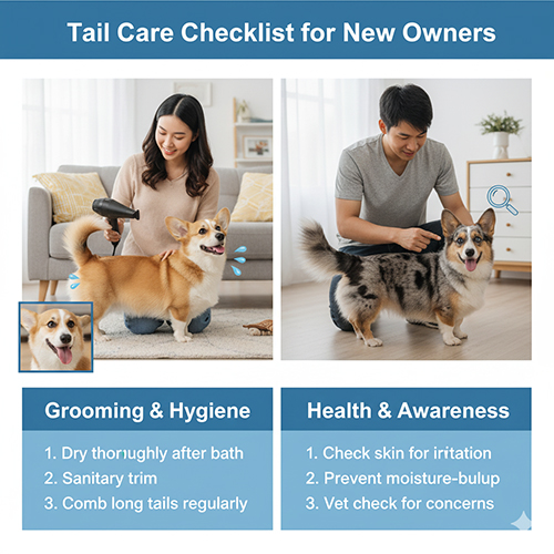 Checklist chăm sóc đuôi Corgi cho người nuôi mới, gồm vệ sinh, tỉa sanitary trim và kiểm tra da định kỳ.
