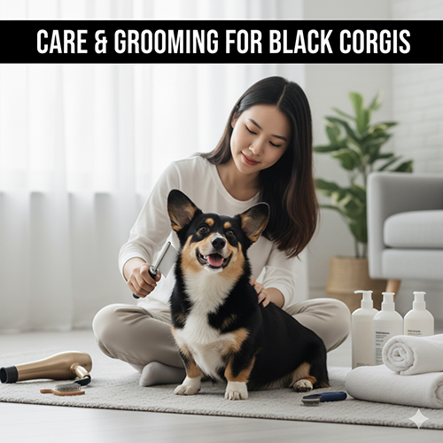 Cô chủ chải lông cho chó Corgi màu đen trong phòng, kèm đồ grooming 🐾🖤