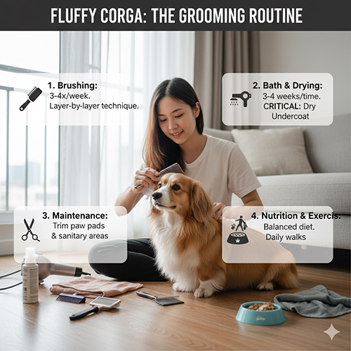Chủ nhân chăm sóc Corgi lông dài Fluffy tại nhà với các bước grooming gồm chải lông, tắm sấy, cắt tỉa vệ sinh và dinh dưỡng.