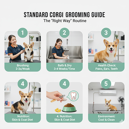 Quy trình grooming chuẩn cho Corgi lông ngắn Standard: chải lông, tắm sấy, kiểm tra sức khỏe, dinh dưỡng và môi trường mát.