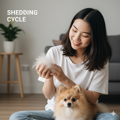 Người phụ nữ đang cầm nắm lông rụng của Phốc Sóc, minh họa chu kỳ thay lông.