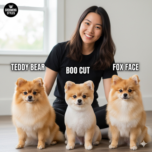 Cô gái và ba chú Phốc Sóc với các kiểu cắt tỉa Teddy Bear, Boo Cut và Fox Face.