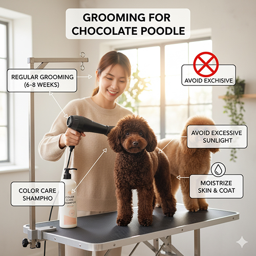 Chăm sóc lông chó Poodle socola – dầu gội giữ màu, grooming định kỳ, tránh nắng gắt