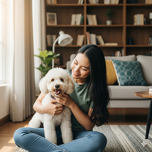 Cô gái ngồi trong phòng khách vui vẻ ôm chú chó Poodle trắng với bộ lông xoăn bông xù đặc trưng.
