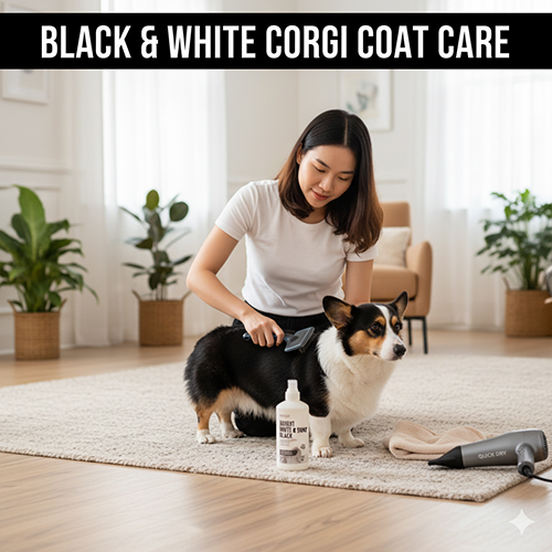 Cô chủ chải lông cho chó Corgi đen trắng trong phòng khách – hướng dẫn grooming 🖤🤍