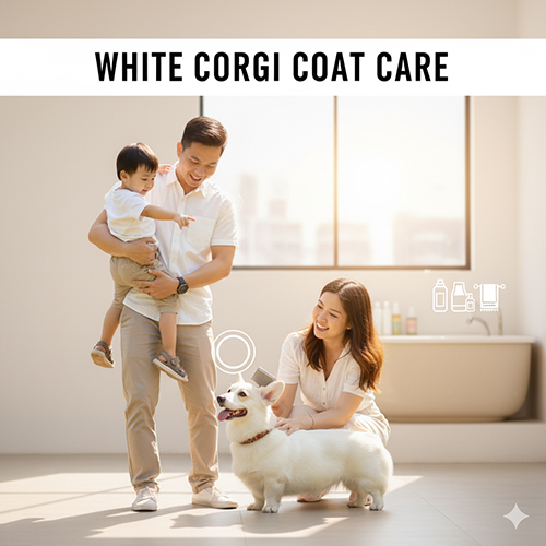 Gia đình chăm sóc chó Corgi màu trắng trong phòng tắm – hướng dẫn grooming lông sáng 🤍🐶