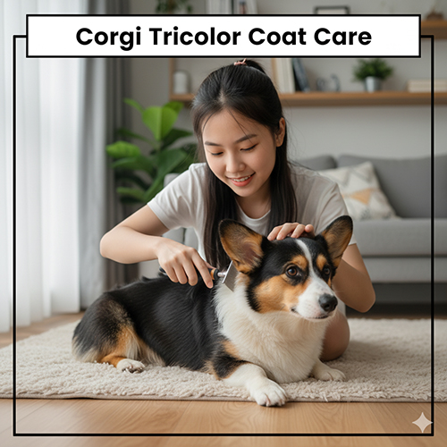Chó Corgi Tricolor được chải lông, chăm sóc ba vùng màu đen – trắng – nâu cháy để giữ bộ lông sáng bóng và khỏe mạnh.