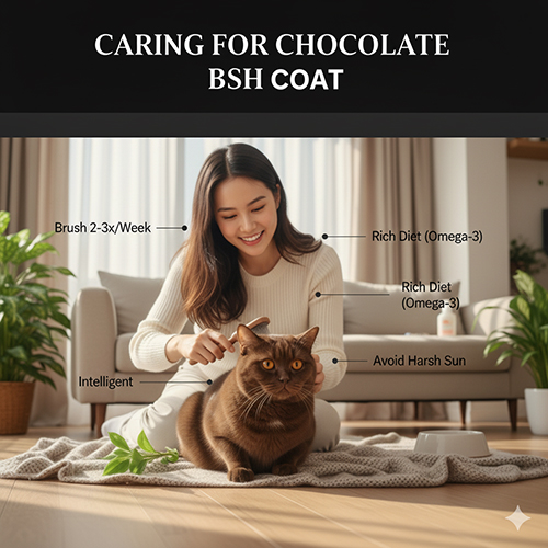 Cách chăm sóc lông mèo Anh lông ngắn Chocolate với chế độ chải lông, dinh dưỡng giàu omega-3 và tránh nắng gắt