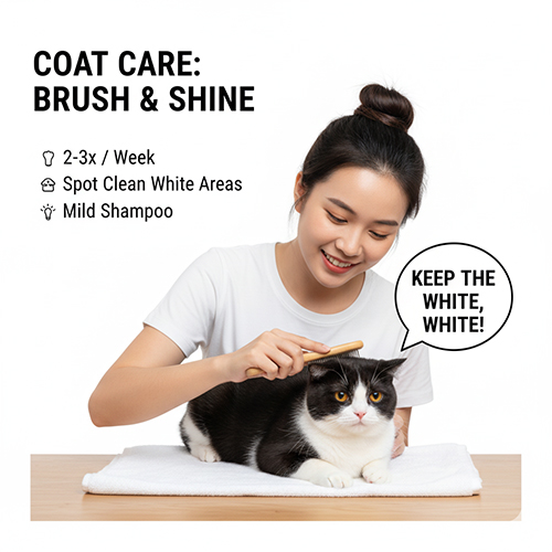 Cách chăm sóc lông mèo Anh lông ngắn Tuxedo với chế độ chải lông, vệ sinh vùng trắng và tắm dịu nhẹ