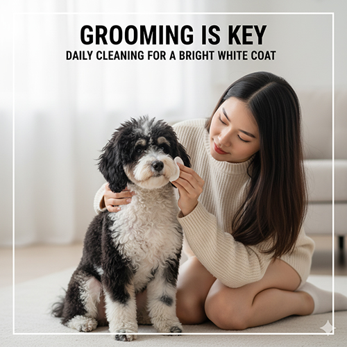 Chăm sóc lông chó Poodle bò sữa (Parti/bi-color) với vùng trắng được lau sạch hằng ngày