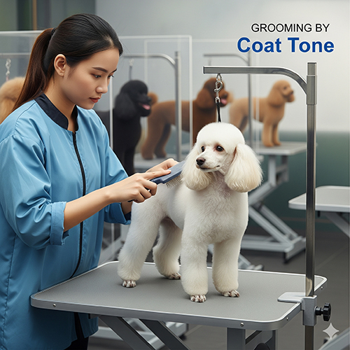 Nhân viên grooming đang chải lông cho chó Poodle trắng trên bàn, minh họa cách chăm sóc lông theo tone màu.