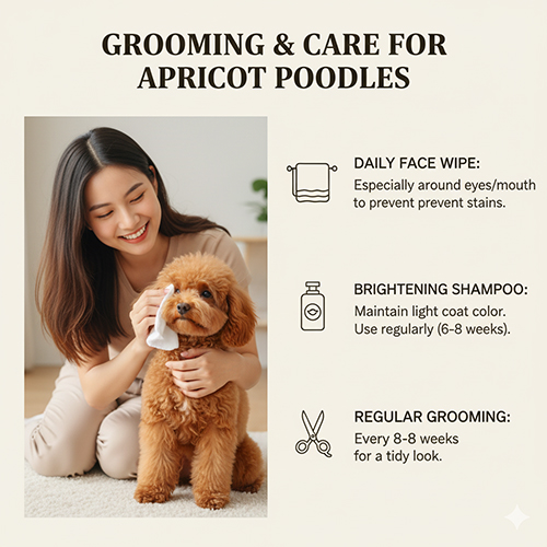Chăm sóc lông chó Poodle vàng mơ (vàng kem) – lau mặt hằng ngày, dùng dầu gội giữ sáng màu, grooming định kỳ