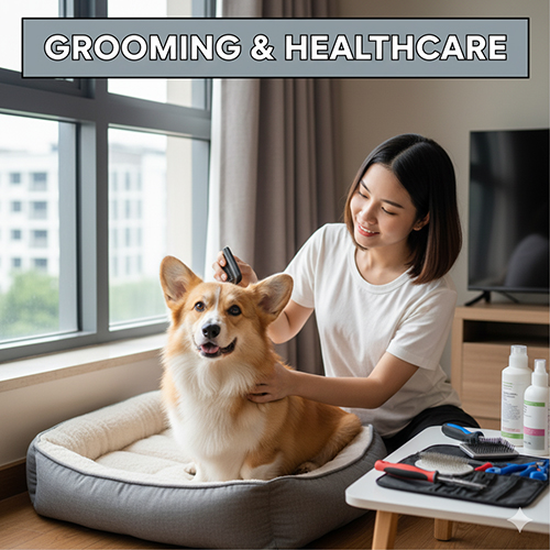 Corgi trưởng thành được chải lông trên giường thú cưng, bên cạnh dụng cụ chăm sóc