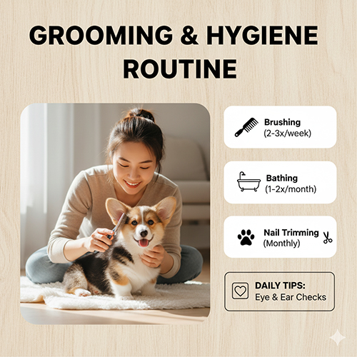 Chăm sóc lông và vệ sinh cho chó Corgi con với các bước chải lông, tắm rửa, vệ sinh mắt tai, cắt móng và chăm răng