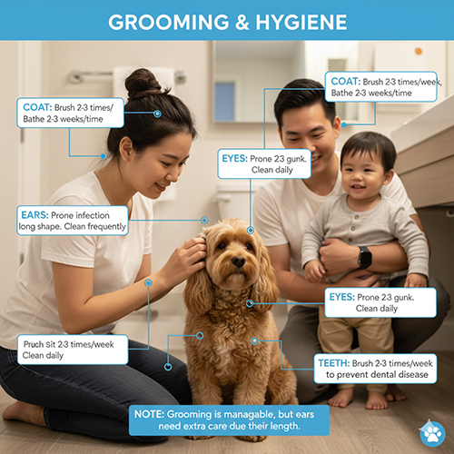 Chăm sóc Cockapoo – Poodle lai Cocker: chải lông 2–3 lần/tuần, tắm 2–3 tuần/lần, lau mắt hàng ngày, vệ sinh tai thường xuyên và răng 2–3 lần/tuần