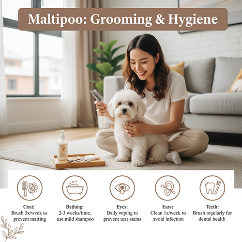 Chăm sóc lông và vệ sinh Maltipoo – Poodle lai Maltese: chải lông 3 lần/tuần, tắm 2–3 tuần/lần, lau mắt, vệ sinh tai và răng định kỳ