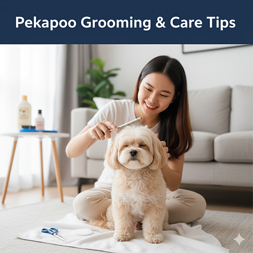 Chăm sóc Pekapoo – Poodle lai Bắc Kinh: chải lông 2–3 lần/tuần, tắm định kỳ, lau mắt hàng ngày, vệ sinh tai và răng thường xuyên