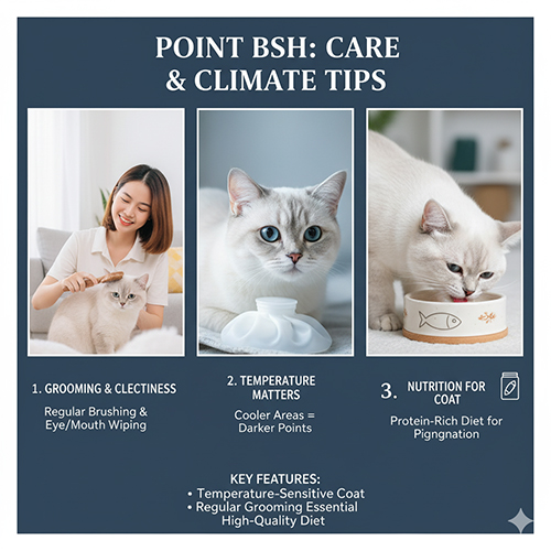 Hướng dẫn chăm sóc mèo Anh lông ngắn Point với lông sáng dễ bẩn, vùng point thay đổi theo nhiệt độ và chế độ dinh dưỡng