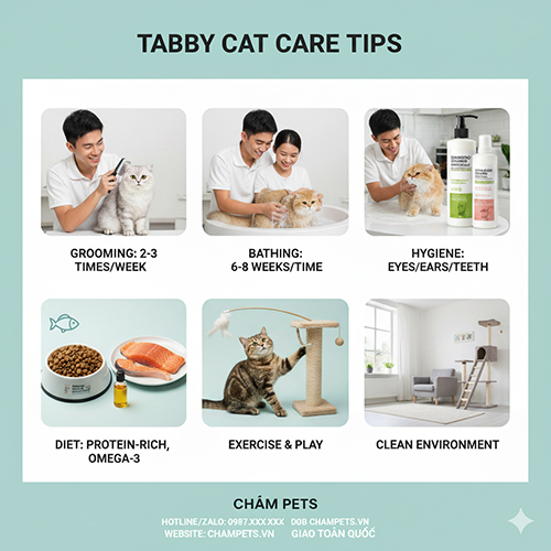 Cách chăm sóc mèo Anh lông ngắn tabby với chế độ chải lông, tắm rửa, vệ sinh và dinh dưỡng hợp lý