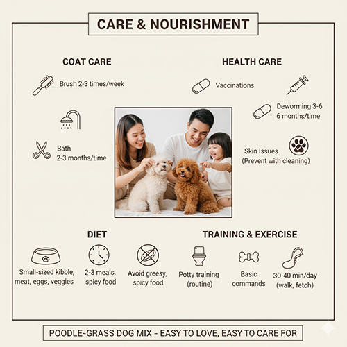Gia đình Việt chăm sóc hai chú Poodle lai chó cỏ với hướng dẫn về lông, sức khỏe, chế độ ăn và luyện tập