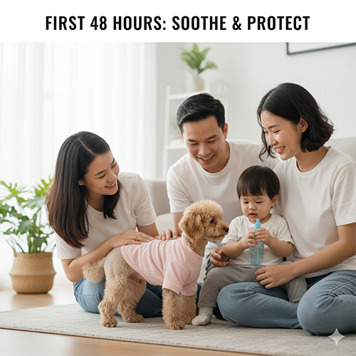 Chó Poodle mặc áo hồng được gia đình chăm sóc trong 48 giờ đầu sau khi cạo lông máu – bảo vệ và làm dịu da