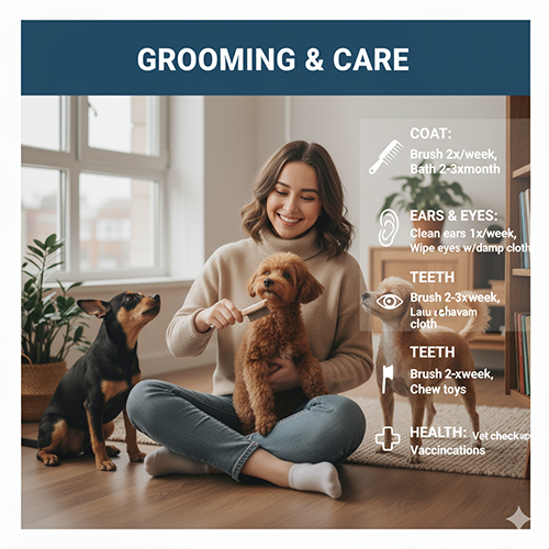 Cách chăm sóc Poodle lai Phốc hươu: chải lông 2 lần/tuần, tắm 2–3 tuần/lần, vệ sinh tai mắt, đánh răng và khám thú y định kỳ