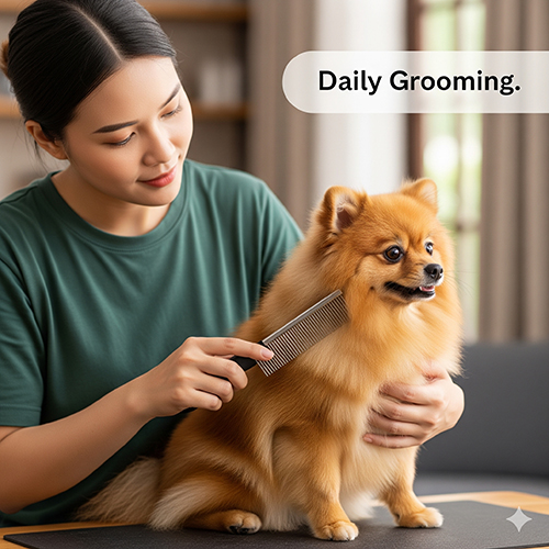 Người phụ nữ đang chải lông hằng ngày cho chú chó Pom trưởng thành để duy trì bộ lông khỏe đẹp.