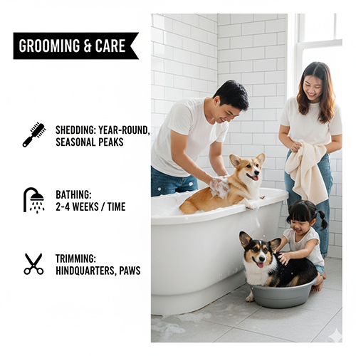 Chăm sóc & vệ sinh chó Corgi – rụng lông quanh năm, tắm 2–4 tuần/lần, cắt tỉa lông vùng mông và bàn chân