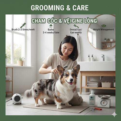 Chăm sóc Cardigan Welsh Corgi: chải lông 2–3 lần/tuần, tắm 3–4 tuần/lần, vệ sinh tai mắt răng và kiểm soát cân nặng