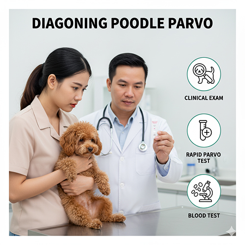 Chẩn đoán bệnh Parvo ở chó Poodle – khám lâm sàng, test nhanh, xét nghiệm máu
