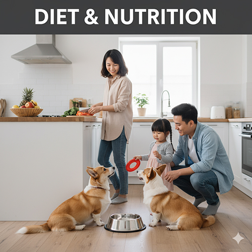 Gia đình chuẩn bị bữa ăn cân bằng dinh dưỡng cho hai chú Corgi trưởng thành trong bếp