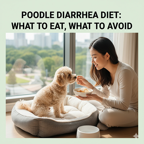 Chế độ ăn cho chó Poodle bị tiêu chảy: nên ăn cháo loãng, khoai tây, thịt nạc dễ tiêu, men tiêu hóa; tránh sữa, đồ dầu mỡ, thức ăn sống, xương nhỏ