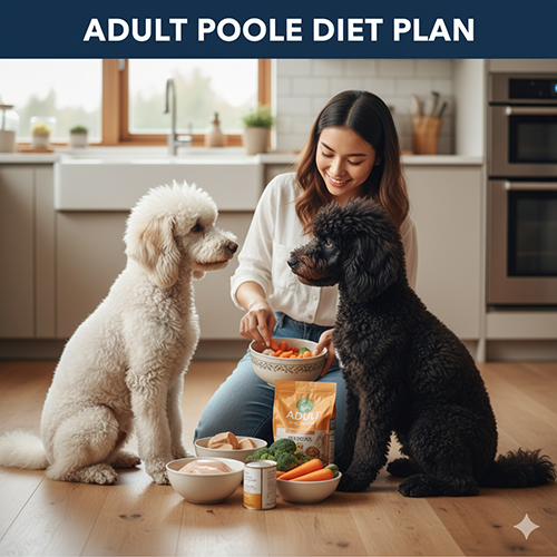 Chế độ ăn cho Poodle trưởng thành: 2 bữa chính/ngày với hạt khô, thịt gà bò cá hồi nấu chín, rau củ, trứng luộc; tránh đồ dầu mỡ, chocolate, nho, hành tỏi, xương nhỏ.