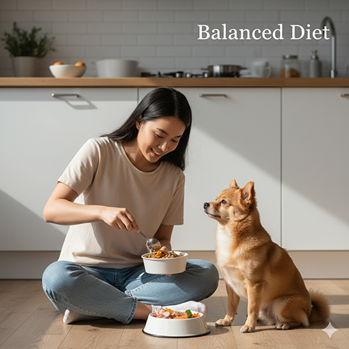 Người phụ nữ châu Á chuẩn bị bữa ăn cân bằng cho chú chó Phốc Sóc trưởng thành.