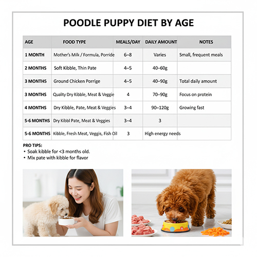 Chế độ ăn cho Poodle con theo độ tuổi – từ 1 đến 6 tháng tuổi với khẩu phần và số bữa/ngày