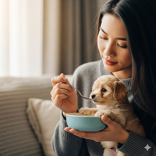 Cô gái bón thức ăn bằng thìa cho chó Poodle con, minh họa chế độ ăn theo từng giai đoạn tuổi.