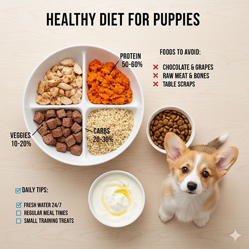 Chế độ ăn uống hợp lý cho chó Corgi con từ 2 đến 6 tháng tuổi với tỉ lệ protein, tinh bột, rau củ và thực phẩm cần tránh