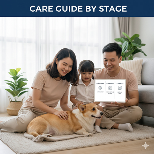 Gia đình chăm sóc chó Corgi mang thai, minh họa chế độ ăn uống và nghỉ ngơi theo từng giai đoạn thai kỳ.