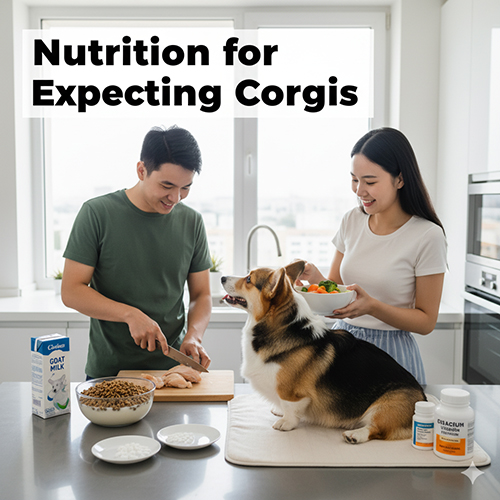 Gia đình chuẩn bị bữa ăn dinh dưỡng cho chó Corgi mang thai với thịt gà, rau củ, sữa dê và bổ sung canxi.