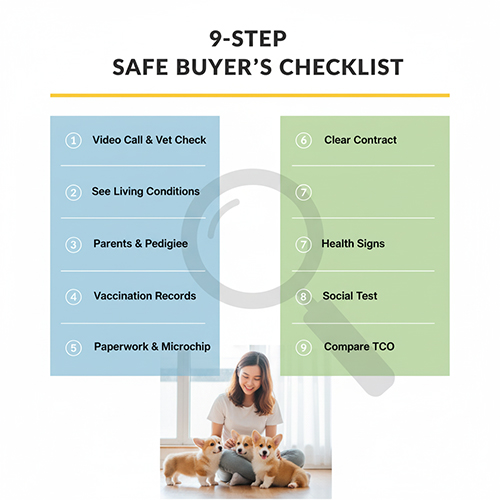 Checklist 9 bước kiểm tra khi mua Corgi – video call, điều kiện nuôi, giấy tờ, sức khỏe và hợp đồng rõ ràng