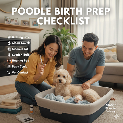 📋 Checklist chuẩn bị trước khi chó Poodle sinh: ổ đẻ, khăn sạch, dụng cụ y tế, đèn sưởi, liên hệ thú y