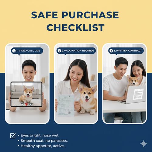 Checklist an toàn khi mua Corgi 5 triệu – video call trực tiếp, kiểm tra sổ tiêm, hợp đồng rõ ràng và sức khỏe cơ bản