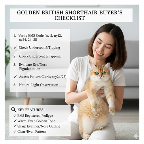 Checklist khi chọn mua mèo Anh lông ngắn Golden gồm kiểm tra mã EMS, undercoat, tipping, mắt mũi và hoa văn