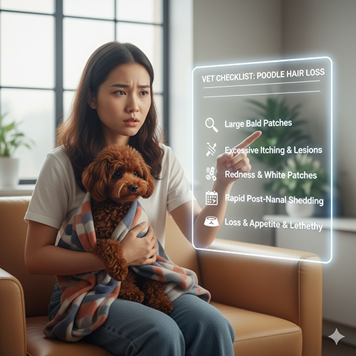Checklist dấu hiệu Poodle rụng lông cần đi thú y: rụng lông từng mảng, ngứa gãi nhiều, nấm da, mệt mỏi bỏ ăn